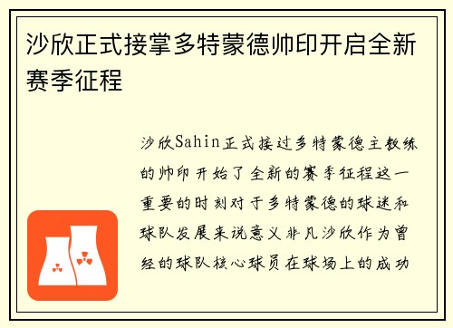 沙欣正式接掌多特蒙德帅印开启全新赛季征程