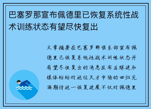 巴塞罗那宣布佩德里已恢复系统性战术训练状态有望尽快复出 巴塞罗那宣布佩德里已恢复系统性战术训练状态有望尽快复出